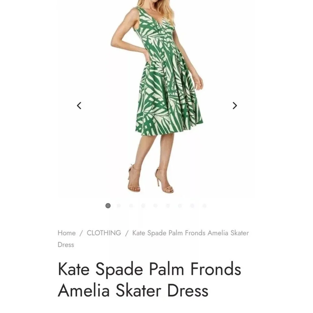 Kate Spade Palm Fronds Amelia Sz 12 Skater Dress Green Sleeveless V-Neck Pleated